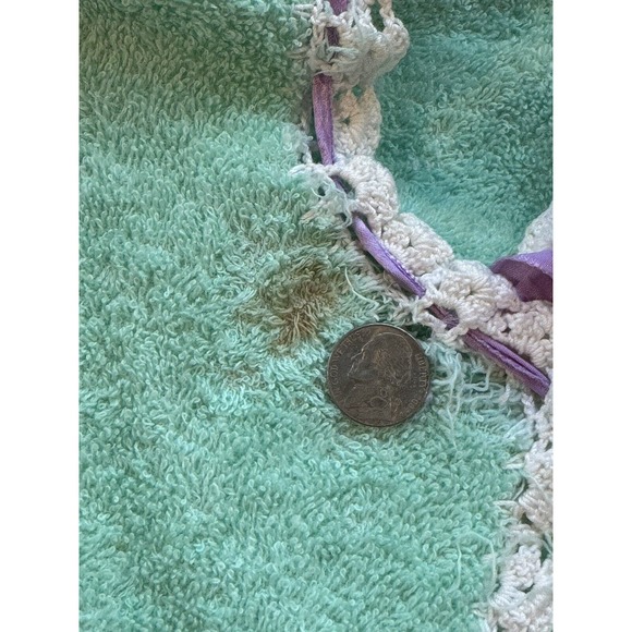 Aqua Green Terry Towel Crop Vest Bath Cover Mid- Century Crochet Violet Flowers - Picture 9 of 9
